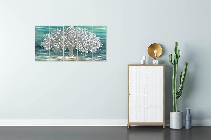 Yihui Arts Tree Of Life Metal Wall Art Handcrafted Aluminum Artwork Teal and Silver Abstract Nature Pictures in 5 Pieces for Living Room Bedroom Bathroom Decor