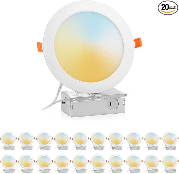 6 Inch LED Recessed Ceiling Light, 12W Dimmable Canless Wafer Downlight, Damp-Rated for Kitchen Living Room Basement Bathroom, Ultra Thin with Junction Box, 1000LM 7CCT 2700K-6500K, 20 Pack