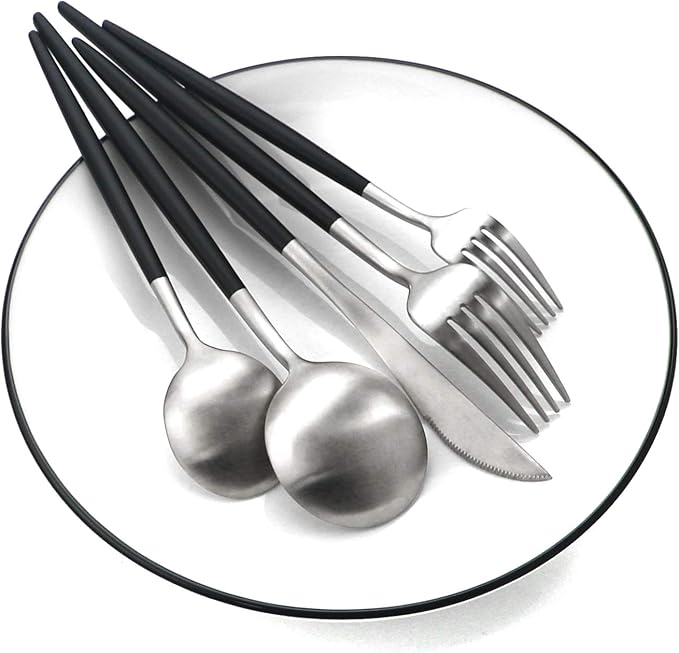 Gugrida Black Silver Flatware, Royal 20 Piece Matte Black Handle 18/10 Stainless Steel Tableware Sets for 4 Including Forks Spoons Knives, Camping Silverware Travel Utensils Set Cutlery (Black Silver)