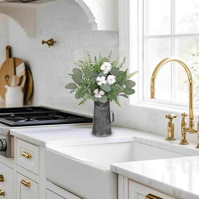 Hollyone Artificial Eucalyptus Plant in Rustic Metal Vase 18" Fake Plants Eucalyptus Leaves with Cotton Stems Faux Greenery Arrangement Potted for Farmhouse Kitchen Office Shelf Home Indoor Decor