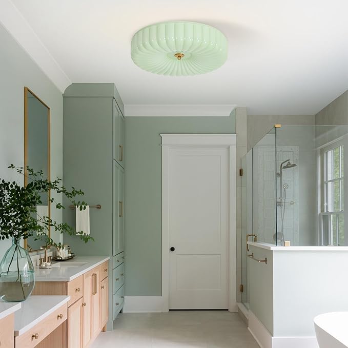 KCO Lighting Nordic Green Glass Flush Mount Ceiling Light Vintage Round Semi Flush Mount Ceiling Light Fixture Mid Century Modern Bathroom Overhead Light LED Ceiling Lights