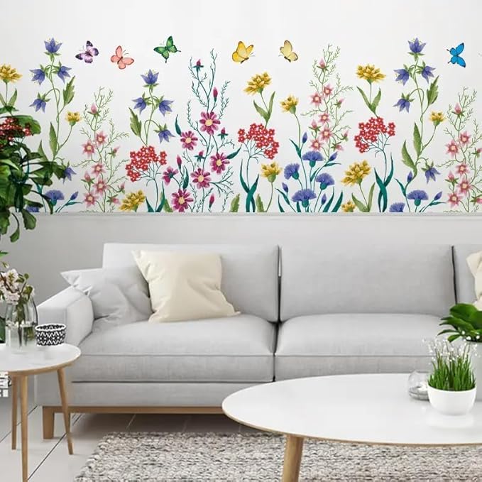 12x70 Inch Set - Flower Plants Butterflies Wall Stickers for Wall Decor, Self Adhesive Vinyl for Home Wall Nursery and Kitchen Decor-Gift for Christmas, Birthday (Floral Design #3)