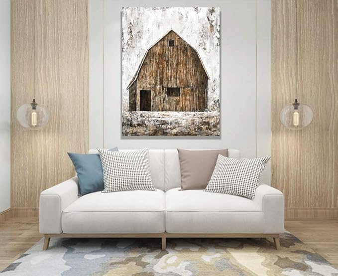 Yihui Arts Old Barn Canvas Wall Art with Textured Rustic Painting Vertical Pictures for Living Room Bedroom Bathroom Decor