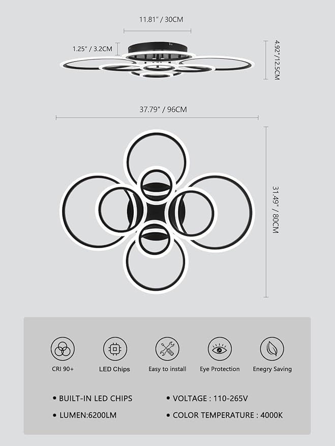 Modern LED Ceiling Light, Black 8 Rings Flush Mount Ceiling Light, 4000K Lighting Fixture Ceiling Lamp for Kitchen, Bedroom, Living Room, Dining Room