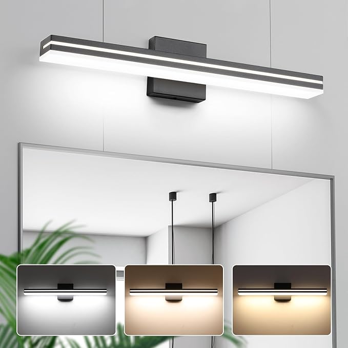 SineRise LED Modern Bathroom Vanity Light Bar (24-Inch, 3000K/4000K/6000K), Matte Black Dimmable Modern Acrylic Bathroom Wall Lighting Fixtures Over Mirror