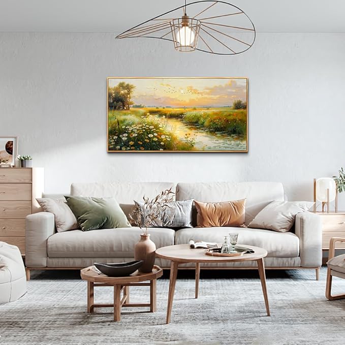 ZUITINGHUA Wood Framed Canvas Wall Art For Living Room Wall Decor For Bedroom Office Wall Decoration Pastoral Scenery Painting Water edge Pictures Artwork Room Aesthetic Home Decor 20x40 In