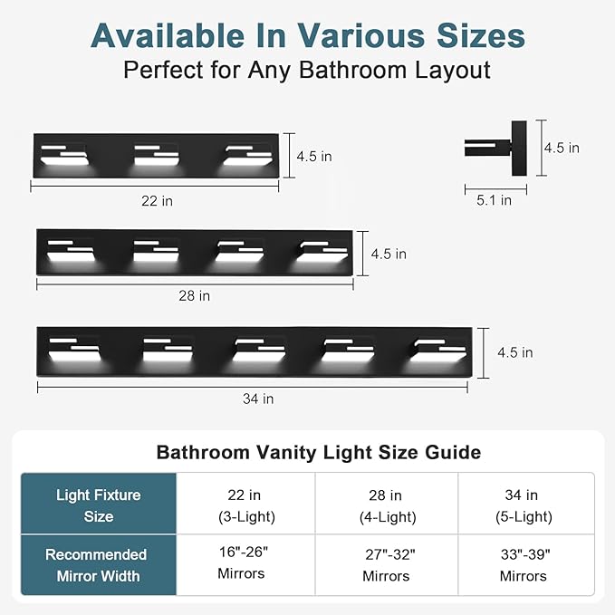 LED Modern Bathroom Vanity Light Fixtures, 5-Light 34-inch Dimmable Matte Black Vanity Lights for Bathroom Lighting Fixtures Over Mirror, with 350° Rotatable Acrylic Heads (Cool White 6000K)