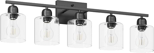 5 Light Bathroom Vanity Light, Bathroom Light Fixtures Black with Clear Glass,30 inch Vanity Lights for Mirror Living Room Bedroom Hallway E26 Base