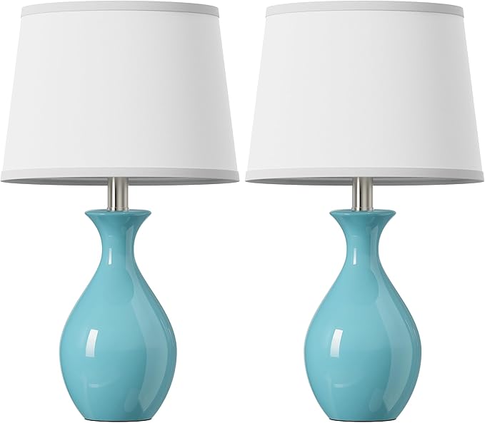 PARTPHONER Table Lamp Set of 2, Modern Ceramic Bedside Lamps for Night Stands, Classic Small Lamp Nightstand Lamp for Bedroom Living Room Desk End Table Rocker Swtich Sky Blue