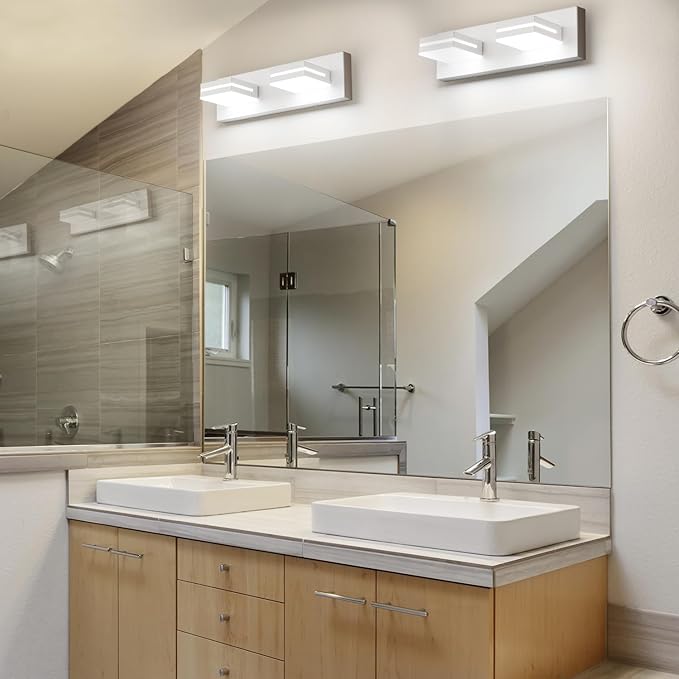 SineRise LED Modern Bathroom Vanity Light Fixtures (2-Light, 15.5-Inch), Matte White Modern Acrylic Bathroom Wall Lighting Fixtures Over Mirror (Cool White 6000K)
