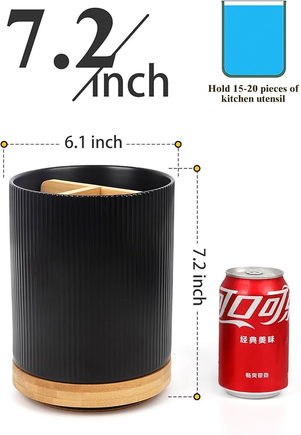 LoeJan 3 Compartment Utensil Holder, Extra Large Utensil Crock, Stable Ceramic Utensil Organizer, Cooking Tool Organizer Set for Kitchen Counter Farmhouse Decor (B-Black(Vertical Stripe))