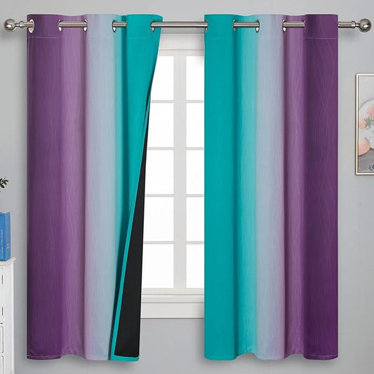 Teal and Purple Gradient Curtains 63 Inch Length 2 panels, Ombre and Wavy Line Pattern Blackout Curtains for Kids Room, Full Light Blocking Thermal Insulated Grommet Drapes for Bedroom, 42x63 Inch