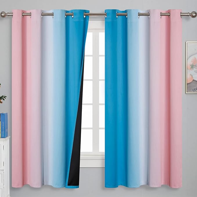 Estelar Textiler Pink and Blue Curtains 63 Inch Length 2 Panels, Ombre Total Blackout Curtains for Bedroom, Grommet Thermal Insulated Gradient Blackout Drapes for Kids Room, 52x63 Inch