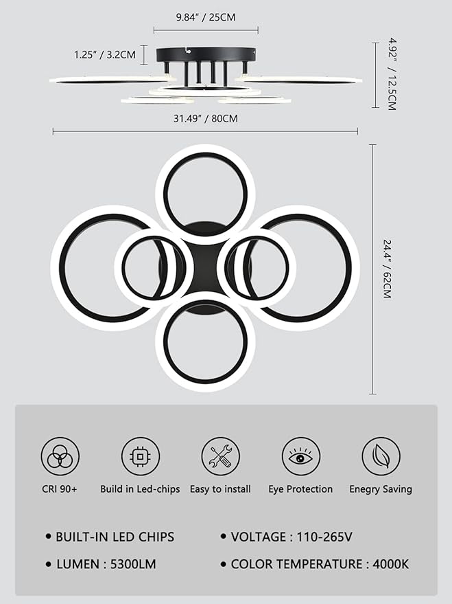 Modern LED Ceiling Light, Black 6 Rings Flush Mount Ceiling Light, 4000K Lighting Fixture Ceiling Lamp for Kitchen, Bedroom, Living Room, Laundry Room