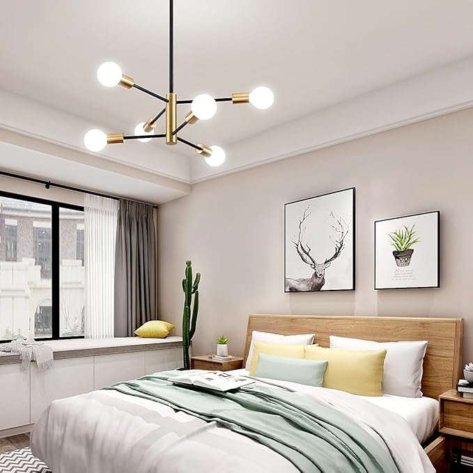 Modern Chandelier Sputnik Light Fixtures, Mid Century Chandelier Dining Room Lights, 6-Light Black and Gold Bedroom Ceiling Light Chandeliers for Living Room Kitchen