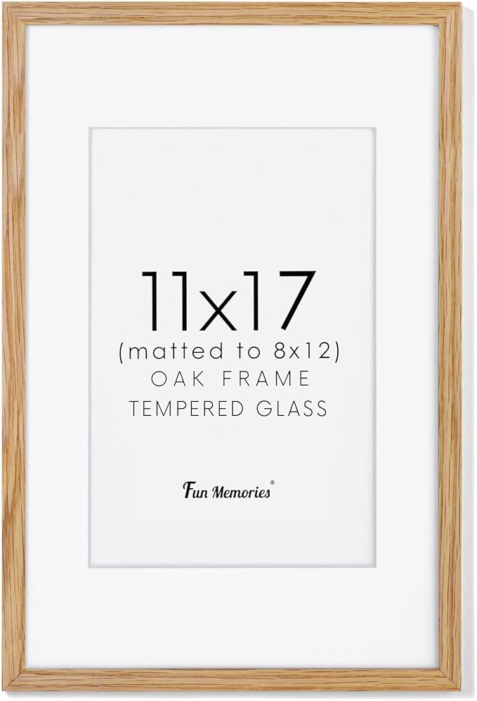 11x17 Picture Frame, Solid Oak Wood 11"x17" Picture Frames, 11 x 17 Poster Frame for Wall, 11x17 Wood Photo Frame - 8x12 with Mat, Tempered Real Glass (Beige Oak Color, 1 Pack)
