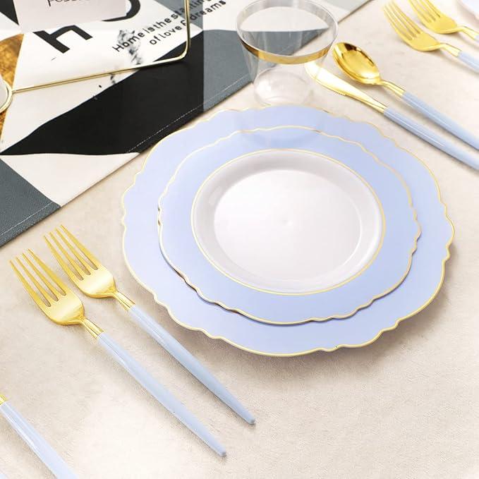 WDF 150pieces Baby Blue Plastic Plates with Gold Rim - Disposable Gold Plastic Silverware With Blue Handle-Baroque Light Blue&Gold Disposable Plates Dinnerware for Wedding/Party