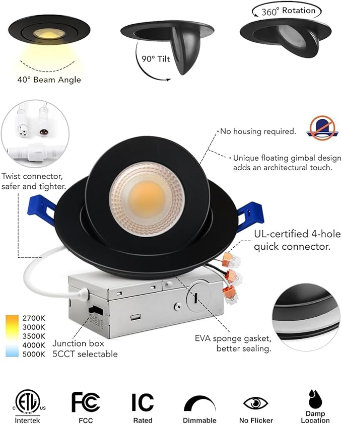 Adetu 4 inch 5CCT Gimbal Black Led Recessed Lights, 360°+90° Adjustable Directional Recessed Lighting, 2700K/3000K/3500K/4000K/5000K Dimmable Retrofit Eyeball Can Lights with Jbox, ETL(Black, 6 Pack)