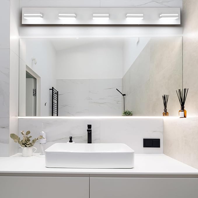 SineRise LED Modern Bathroom Vanity Light Fixtures (5-Light, 40-Inch, Dimmable), Matte White Modern Acrylic Bathroom Wall Lighting Fixtures Over Mirror (Cool White 6000K)