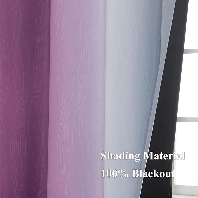 Purple and Grey Blackout Curtains 45 Inches Long,Ombre and Wavy Line Pattern 100% Blackout Curtains for Bedroom,Full Light Blocking Grommet Thermal Insulated Drapes for Kids Room, 52x45 Inch, 2 Panels