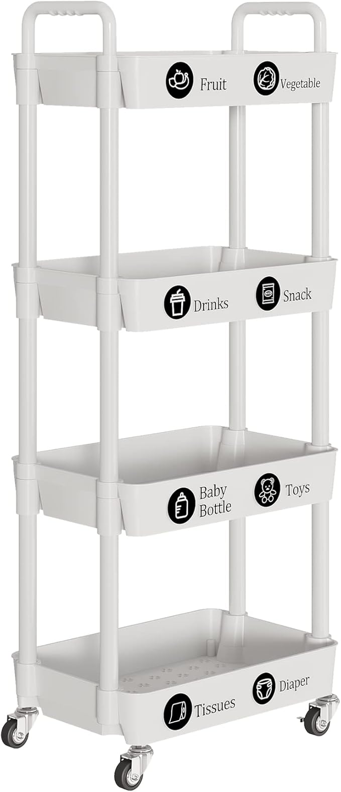 Laiensia 4-Tier Storage Cart,Multifunction Utility Rolling Cart Kitchen Storage Organizer,Mobile Shelving Unit Cart with Lockable Wheels for Bathroom,Laundry,Living Room,With Classified Stickers,White
