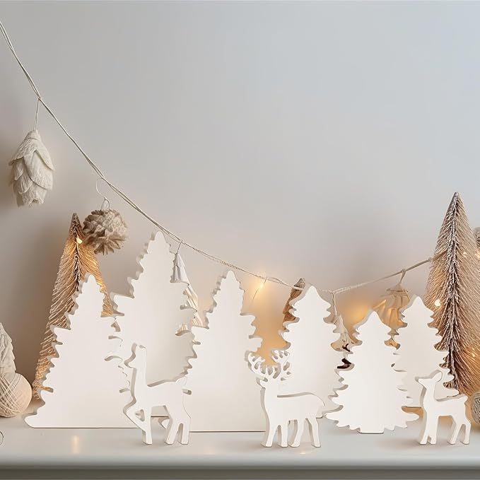 Barydat 9 Pcs Winter Christmas Decorations Indoor Christmas Tree Reindeer Farmhouse Wooden Rustic Centerpieces Decoration for Xmas Winter Home Office Table Shelf Desk Mantel Decor