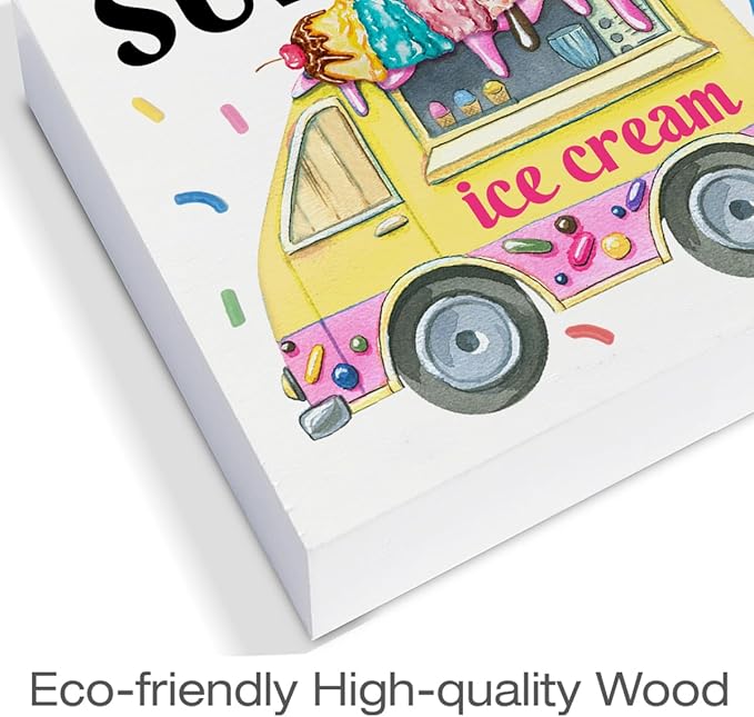 Hello Summer Decor Ice Cream Wood Block Sign Summer Decorations for Home Kitchen 5 x 5 Inches