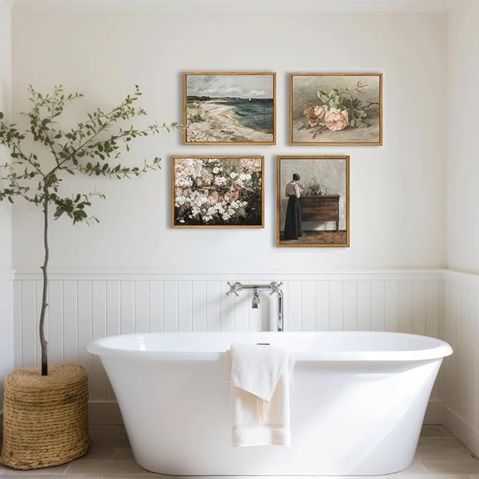 KBKBART Vintage Wall Art, Retro Coastal Seaside Beach House Framed Canvas Art Prints Painting Farmhouse Decor, Rustic Impressionism Scenic Landscape Wall Decor for Bathroom, Bedroom Living Room,