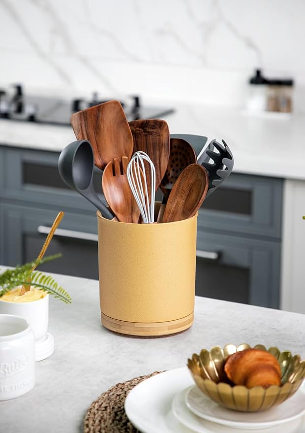 Nucookery 360°Rotating Utensil Holder, 7.2" Kitchen Utensil Crock, Ceramic Cooking Utensil Organizer with Countertop-Protection Cork Bottom for Farmhouse Kitchen Decor Christmas (Yellow Sand)