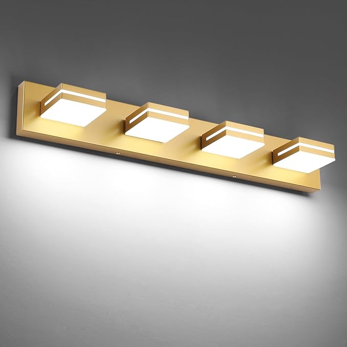 SineRise LED Modern Bathroom Vanity Light Fixtures (4-Light, 30-Inch), Matte Gold Modern Acrylic Bathroom Wall Lighting Fixtures Over Mirror (Cool White 6000K)