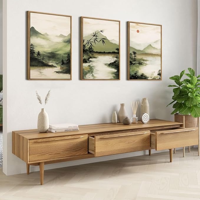 ANHUIB Green Mountain Wall Art Japanese Misty Landscape Wall Decor Foggy Forest Painting 16x24 Inch for Living Room Bedroom Bathroom