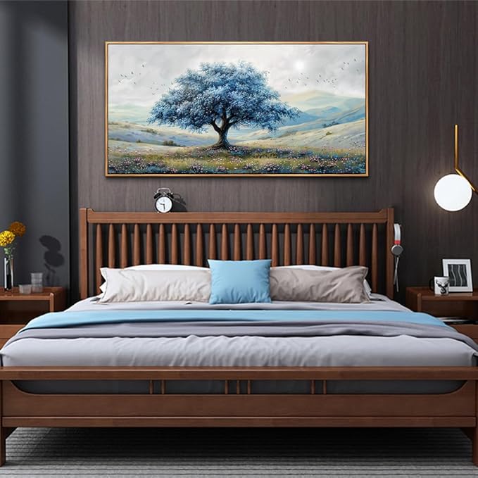 ZUITINGHUA Large Wood Framed Wall Decor For Living Room Canvas Wall Art For Office Modern Wall Decorations For Bedroom Blue Tree Landscape Painting Farmhouse Pictures Artwork Home Decor 24x48 In