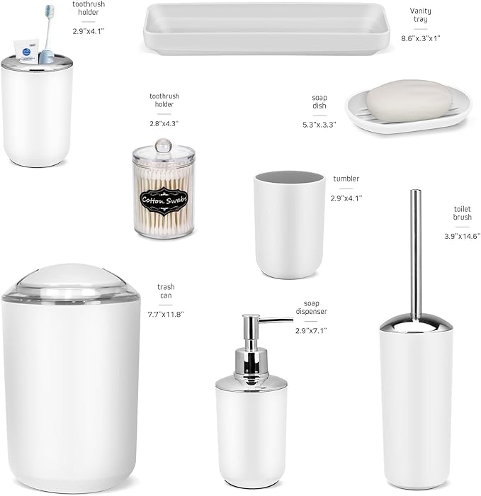 White Bathroom Set,9 Piece Bathroom Accessories Set,Tray,Soap Dispenser,Toothbrush Holder,Toothbrush Cup,Soap Dish,Toilet Brush,Qtip Holders,Trash Can for Bathroom Décor and Housewarming Gifts