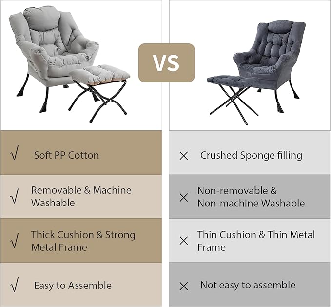 Lazy Chair with Ottoman, Modern Chair with Folding Footrest, Lounge Accent Chair, Comfortable Reading Chair (Light Grey)