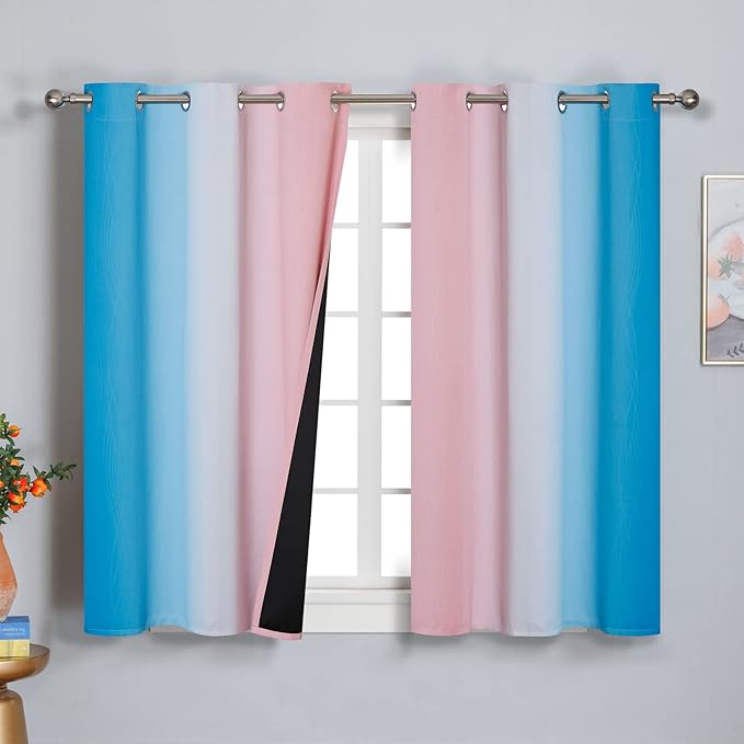 Ombre Pink and Blue Blackout Curtains 45 Inches Long, Full Light Blocking Curtains for Bedroom, Wavy Line Pattern Grommet Thermal Insulated Gradient Drapes for Living Room,42x45 Inch, 2 Panels