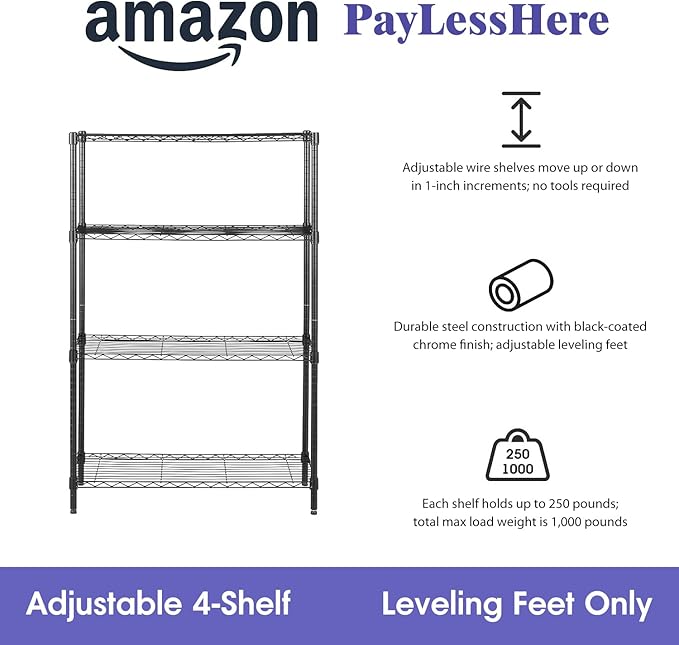 PayLessHere | 4-Tier Wire Shelf | 36"x14"x54" | Black | Adjustable Racks | Heavy-Duty Storage Shelves, Holds Upto 1000 lbs | Rust-Resistant, No-Tool Assembly | for Home, Garage Shelving