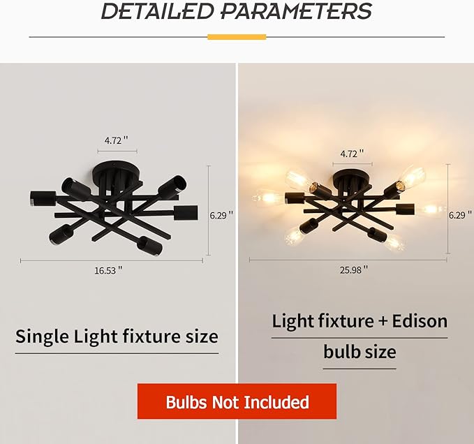 ASGYISA Semi Flush Mount Modern Ceiling Light Fixture, 6 Lights Black Vintage Matte Sputnik Chandelier Ceiling Lamp with E26 Bulb Base for Farmhouse Dining Room Living Room Bedroom Study Kitchen