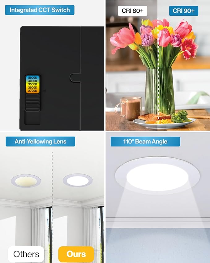 Sunco 6 Pack 4 Inch LED Recessed Lights, Canless Ceiling Light Slim, 650 LM, 10W, Selectable CCT 2700K/3000K/4000K/5000K/6000K, Dimmable, Wafer Thin, with Junction Box ETL