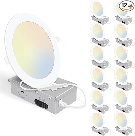 12 Pack 6 Inch 5CCT Ultra-Thin LED Recessed Ceiling Light with Junction Box, 2700K/3000K/4000K/5000K/6500K Selectable, 1050LM Brightness, 12W Eqv 110W, Dimmable Canless Wafer Downlight - ETL & FCC