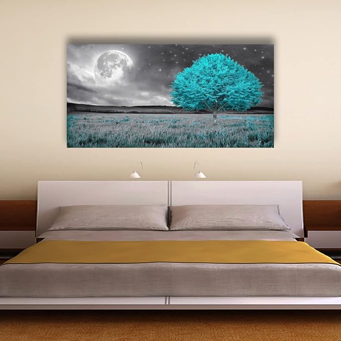 Tree of Life Wall Art Picture Canvas Prints Room Wall Décor Blue Tree with Full Moon Paintings for Living Room Bathroom Bedroom Home Kitchen Decorations Natural Artwork Wooden Framed 20x40inches