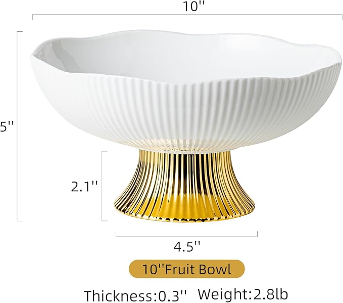 Ceramic Fruit Bowl,10” Pedestal Bowl, Decorated Fruit Tray for Kitchen Counter and Dining Table, Footed Bowls for Afternoon Tea Parties, Bread and Salad Bowl with Golden Feet. (white)