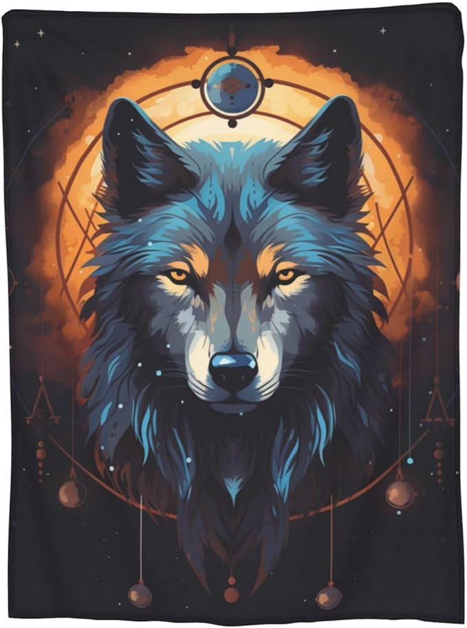 Catroon Wolf Dream Catcher Blanket Gifts Moon Wolves Flannel Throw Blankets for Home Decor Couch Bed Sofa Soft Fuzzy Lightweight for All Season 80x60 Inches