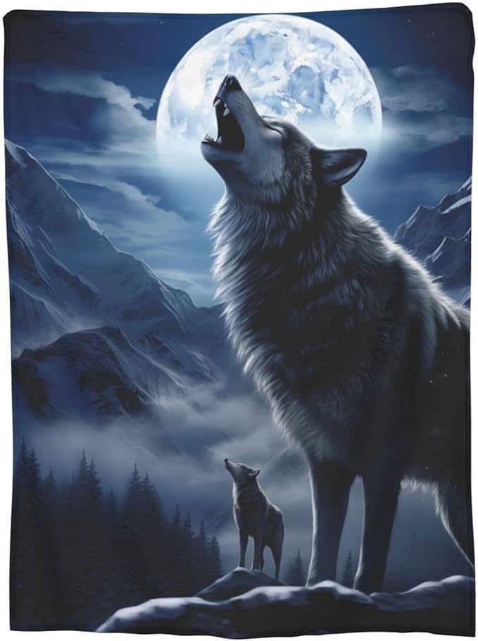 Snowy Mountain Wolf Blanket Gifts Moonlit Night Wolves Flannel Throw Blankets for Home Decor Couch Bed Sofa Soft Fuzzy Lightweight for All Season 60x50 Inches