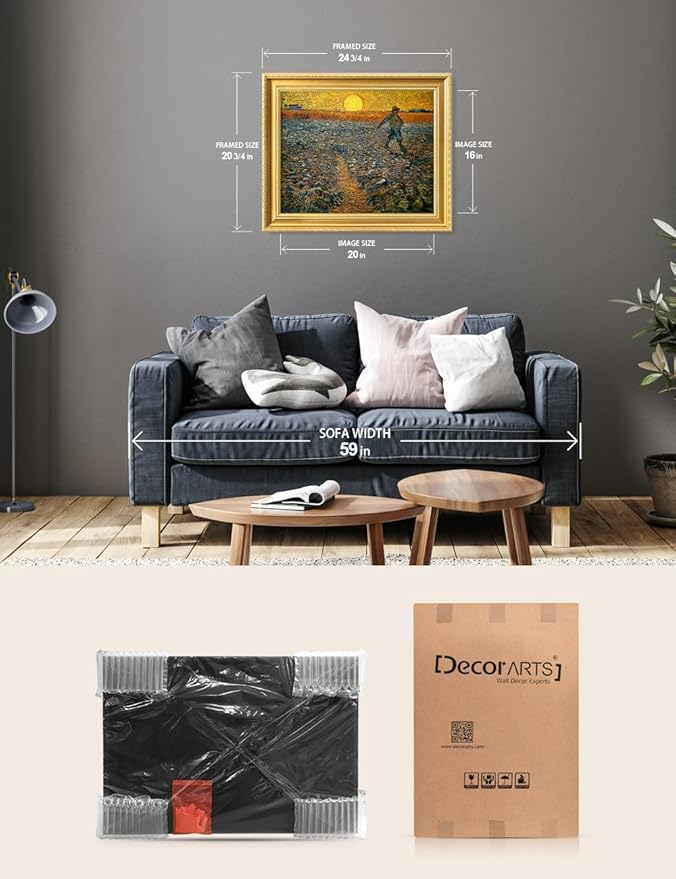 DECORARTS - The Sower by Vincent Van Gogh. Giclee Print on Acid-Free Canvas in Gold Solid Wood Frame. Picture Size: 20x16, Total Size: 24.75x20.75, Made in USA