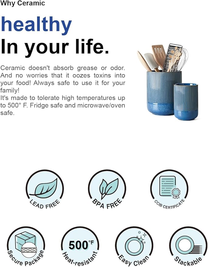 LE TAUCI Utensil Holder, 7.3"+5.4" Ceramic Kitchen Utensil Holder for Countertop, Large Cooking Utensil Crocks Gift for Mother's Day, Costal Ocean Home Kitchen Decor, Set of 2,Glaze Marble Blue