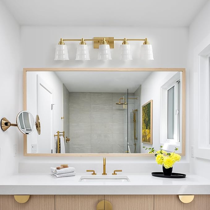Gold Bathroom Vanity Light Fixture, 5 Light Bathroom Light Fixtures Over Mirror with Milky White Glass and Metal Base Wall Sconce, 37 inch Modern Vanity Light for Bathroom(Exclude E26 Bulb)