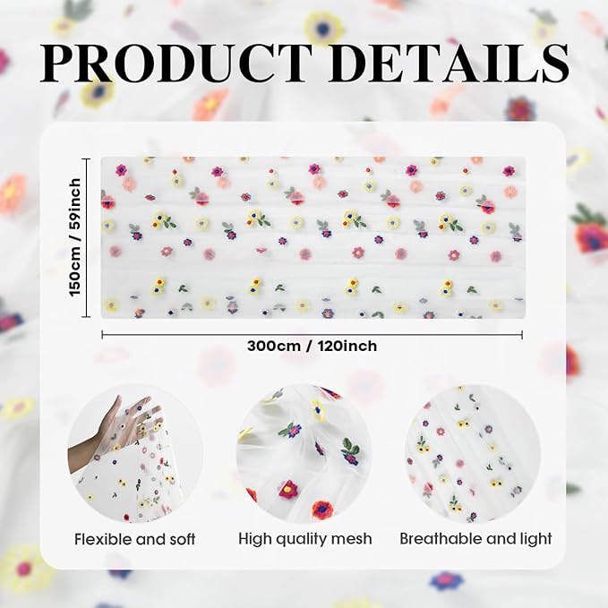 Artoid Mode 3PCS Embroidery Daisy Gauze Table Runner 120 Inch 10FT, Seasonal Sheer Kitchen Dining Holiday Wedding Birthday Table Decor for Home Party