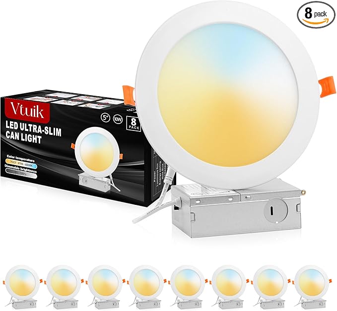 5 Inch LED Recessed Ceiling Light, 10W Dimmable Canless Wafer Downlight, Damp-Rated for Kitchen Living Room Basement Bathroom, Ultra Thin with Junction Box, 800LM 7CCT 2700K-6500K, 8 Pack