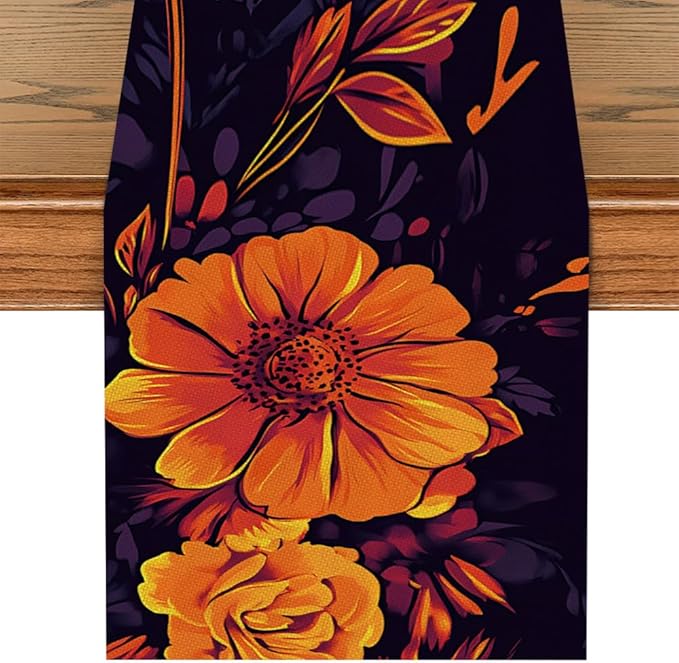 ANNA QUEEN Skull Flower Halloween Table Runner 13 x 72 Inch for Dining Table, Table Runner for Fall Dining Decor Indoor Outdoor Party Home Table Halloween Decoration