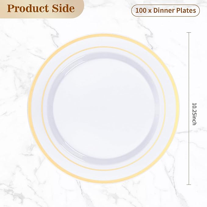 100PCS Gold Plastic Plates, 10.25 Inch Disposable Dinner Plate Party with Gold Rim for Christmas, Thanksgiving, Heavy Duty Disposable Plastic Plates for Party, Wedding and Birthday, Events